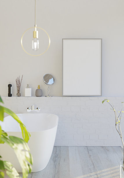 海报框架在木地板现代室内浴室与浴缸图片下载