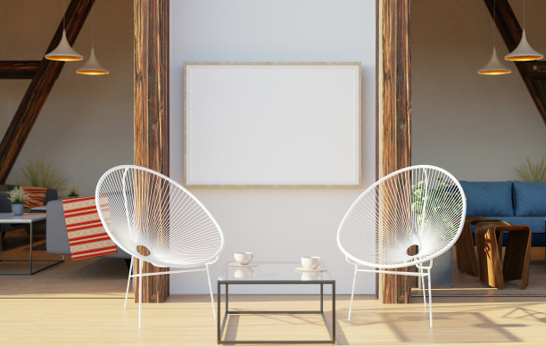 画框贴在墙上，桌子上放着椅子和花瓶。图片下载