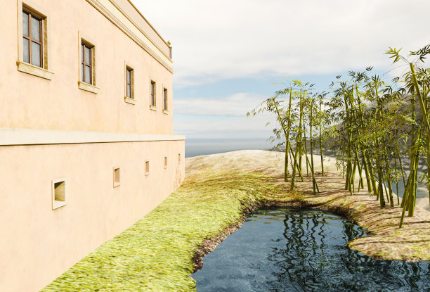 一个省殖民地风格的庄园的外部侧视图与海湾的景色。图片下载