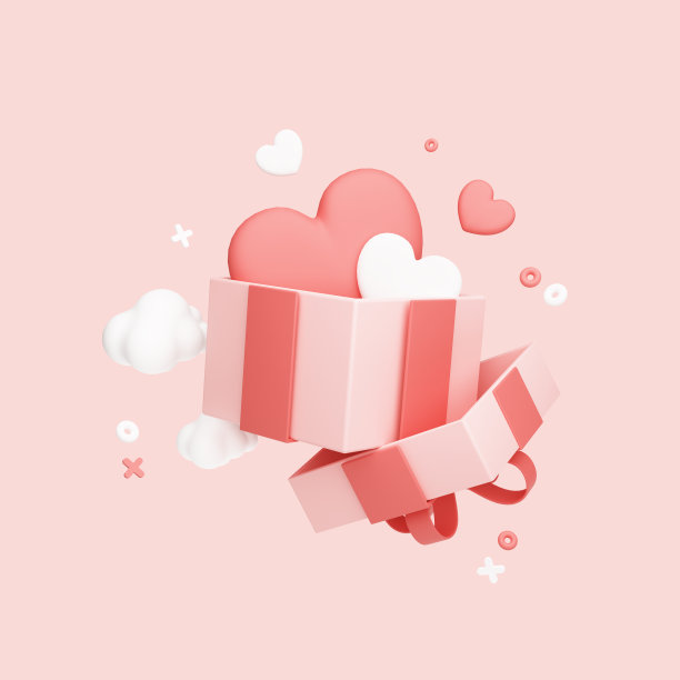 情人节旗帜与打开的礼物与心。带丝带的粉色礼盒。节日的惊喜。贺卡模型。三维渲染图片下载
