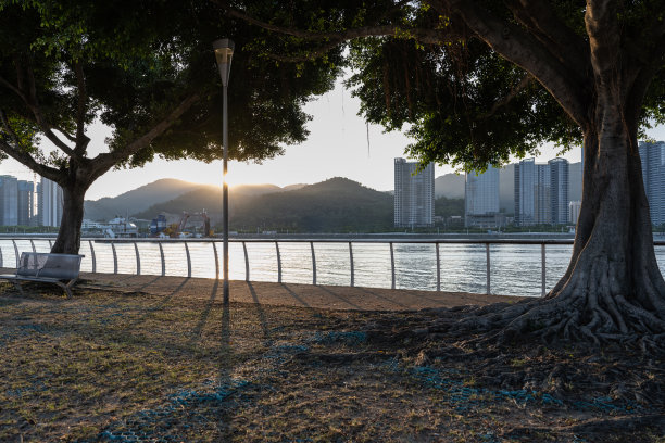 海边广场和海对面的城市图片下载