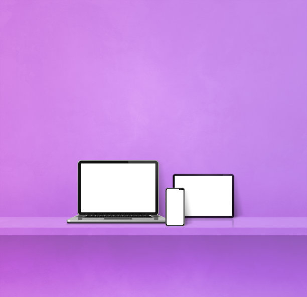 笔记本电脑，手机和数字平板电脑在紫色的墙架子上。广场背景图片下载
