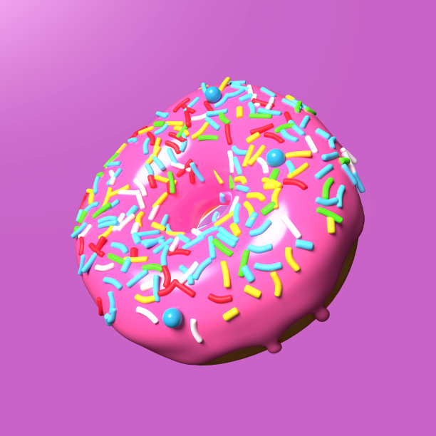 甜甜圈渲染与粉红色糖衣和洒在紫色背景与闪光。图片下载