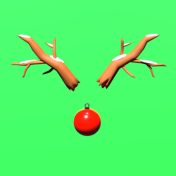 鼻子形状的圣诞球和角形状的树枝。圣诞老人驯鹿口鼻概念。3 d渲染。图片下载