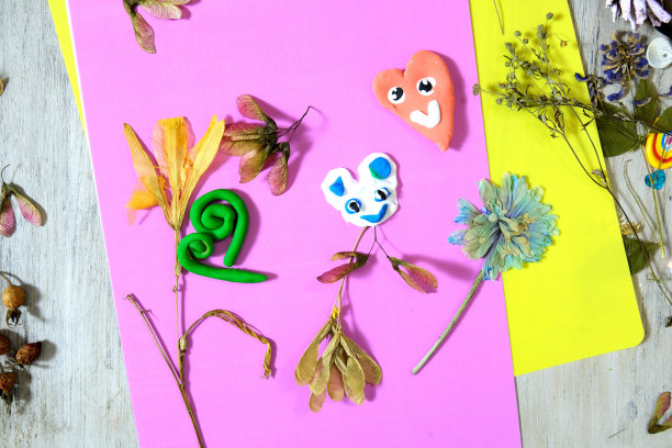 秋天的工艺品。孩子们用自然干燥的植物，花，草和树叶制作工艺品，使用纸和橡皮泥。回学校去。关于儿童艺术的想法图片下载