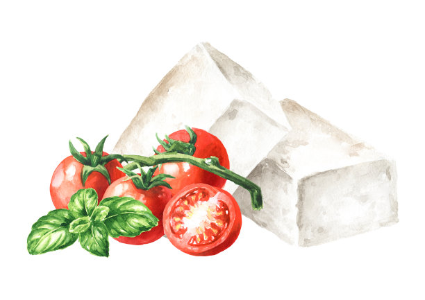 白色卤番茄奶酪。手绘水彩插图，孤立在白色背景图片下载