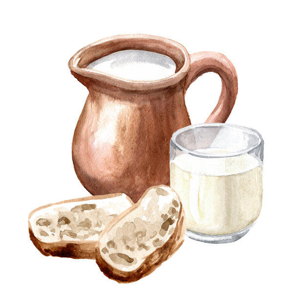 奶油牛奶和一片面包。手绘水彩插图孤立在白色背景图片下载
