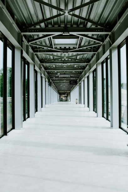 垂直拍摄的现代建筑的白色走廊，玻璃门和金属天花板图片下载