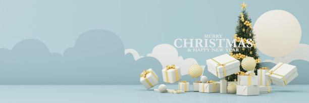 圣诞树上的星星闪闪发光。圣诞快乐，新年快乐。云天空和房子的对象，光花环，小球，礼品盒，惊喜，金色的五彩纸屑。蓝色蜡笔3d渲染图片下载