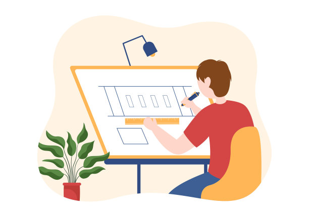 制图，工程师或建筑师的工作图纸板投影和草案在平面卡通手绘模板插图图片下载