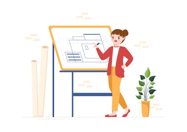 制图，工程师或建筑师的工作图纸板投影和草案在平面卡通手绘模板插图图片下载