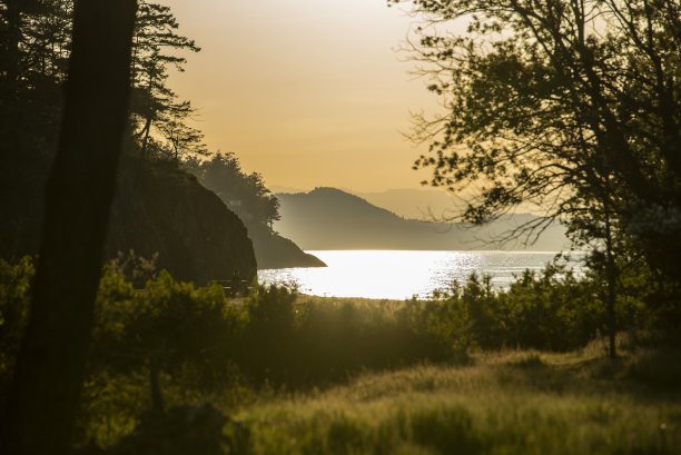 在日落时，被山和树包围的大海的广角镜头图片下载