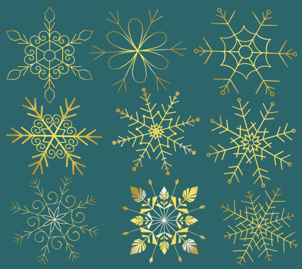 一组金色雪花在绿色背景上的数字手绘。图片下载