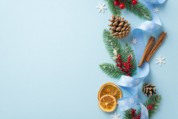 圣诞节的概念。顶视图照片松果槲寄生浆果杉树树枝卷曲丝带干橙片肉桂棒和雪花五彩纸屑在孤立的柔和的蓝色背景与copyspace图片下载