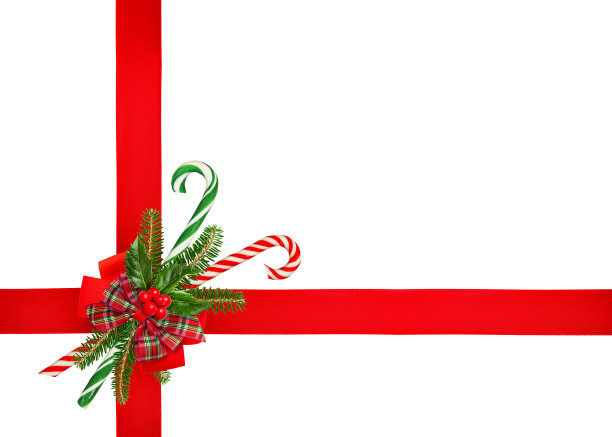 圣诞贺卡与红丝带，弓，冷杉枝，冬青浆果和糖果拐杖在白色背景。图片下载