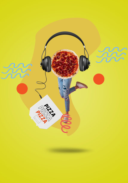 当代艺术拼贴。意大利腊肠披萨，耳机。现代食品概念。图片下载