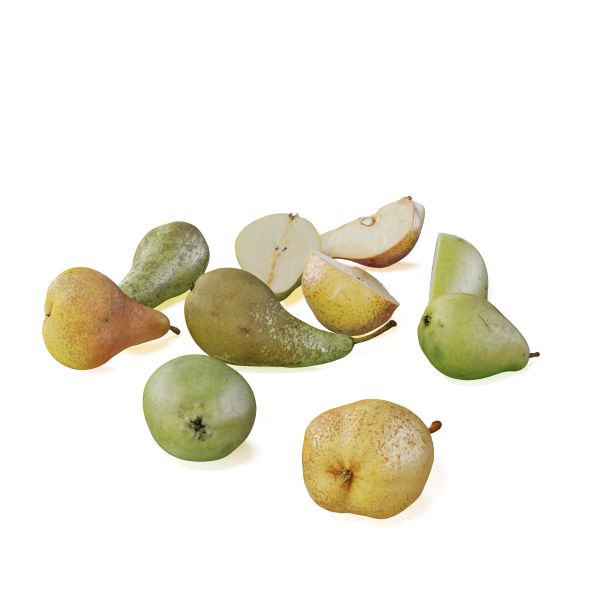 一堆完整的和切开的梨孤立在白色背景的3D渲染图片下载