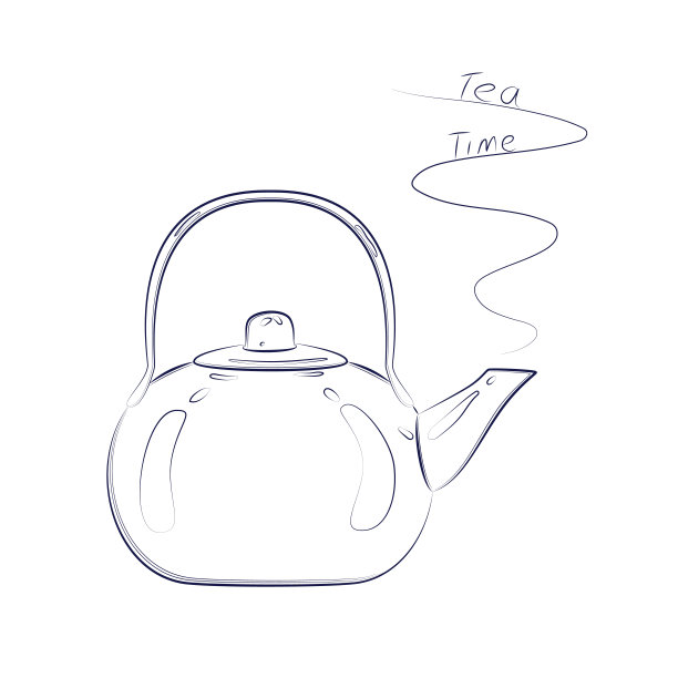 泡茶用的茶壶。金属水壶特写。厨房用具。用于菜单设计，食谱，厨房用品标志，图标，贴纸，网站，杂志。用来烧水的锅。草图、线形图图片下载