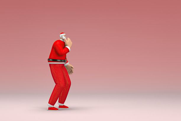一个穿着圣诞老人服装的男人。他说话时手势不清。动画角色在表演中的三维渲染。图片下载