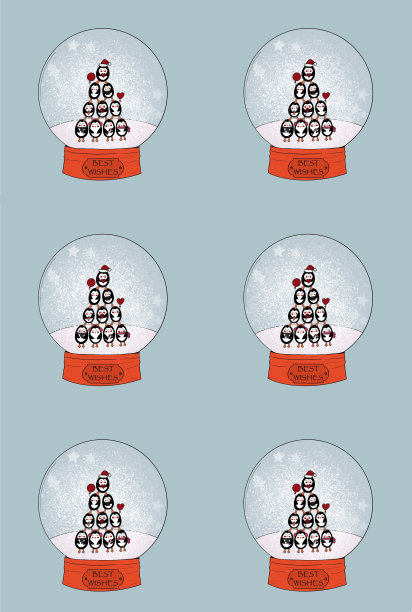 收集雪花球。圣诞树金字塔里可爱的圣诞企鹅在一个蓝色背景雪花雪花的雪球。写着“祝福”字样的雪花球图片下载