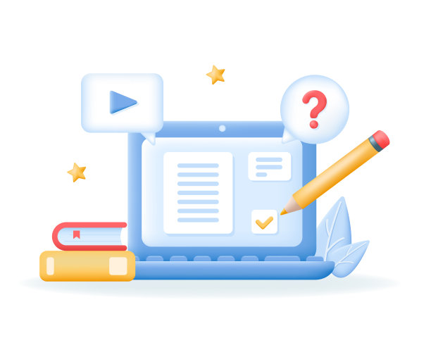 教育，在线学习，在线课程概念。带有气泡和问号的3d笔记本电脑。电脑屏幕与文件。图片下载