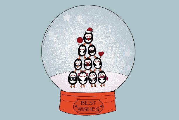 圣诞插图。用可爱的圣诞企鹅做成的圣诞树，里面是一个蓝色背景上有雪花的雪球。写着“祝福”字样的雪花球图片下载