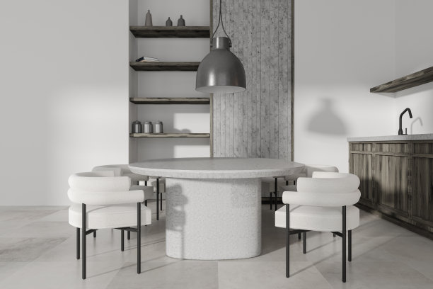 时尚的厨房内部与用餐和烹饪区，架子与装饰图片下载