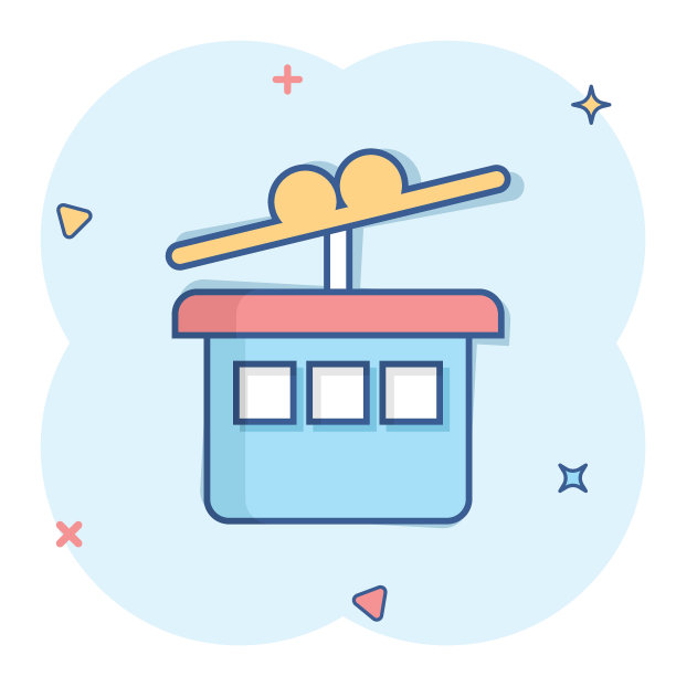 漫画风格的缆车图标。电梯客舱卡通矢量插图在白色孤立的背景。索道飞溅效应经营理念。图片下载