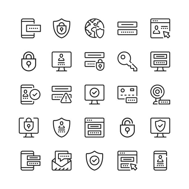 密码行图标。大纲符号。矢量线图标集图片下载