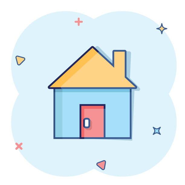 建筑图标在漫画风格。家用卡通矢量插图白色孤立的背景。房屋飞溅效应的经营理念。图片下载