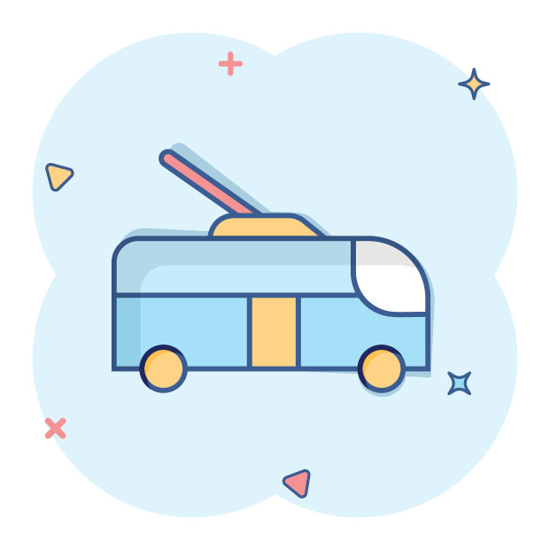 漫画风格的电车图标。无轨电车卡通矢量插图在白色孤立的背景。汽车客车车辆飞溅效应的经营理念。图片下载