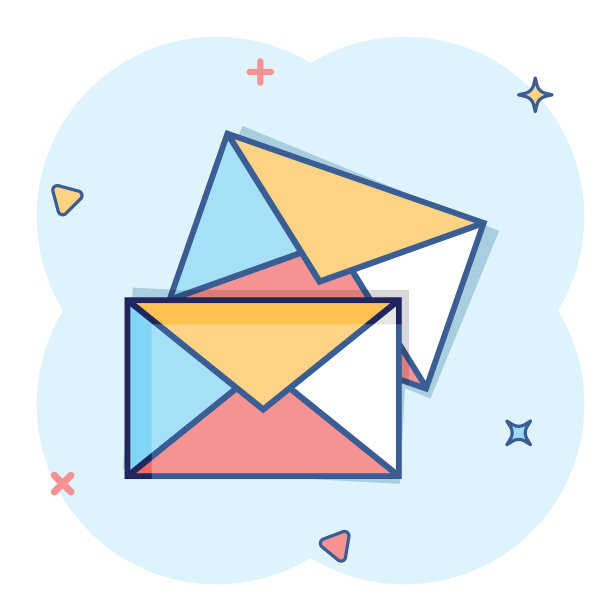 漫画风格的电子邮件信息图标。邮件文件卡通矢量插图白色孤立的背景。信息通信飞溅效应经营理念。图片下载
