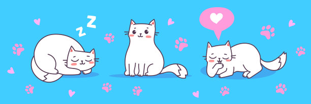 矢量插图的快乐可爱的猫与爪印的蓝色背景。动物猫不同姿势的平线艺术风格设计图片下载
