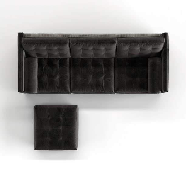 一个大的黑色皮革沙发和一个独立在白色背景上的脚座的3D渲染图片下载