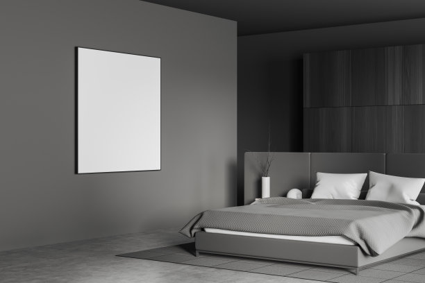 灰色的卧室内部有床和床头柜装饰。模型框架图片下载