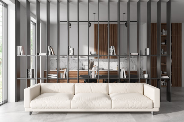 光线充足的工作室内部设有放松和用餐区、架子和全景窗图片下载