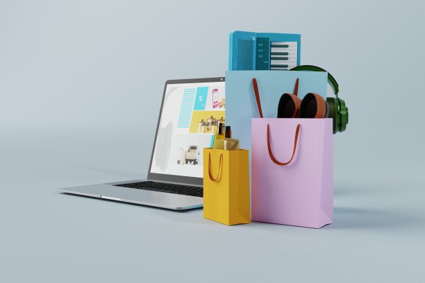 笔记本电脑配有网店的网站和购物袋。图片下载