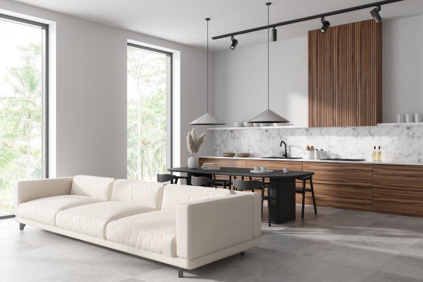 时尚的工作室内部与凉爽和用餐区，全景窗口图片下载