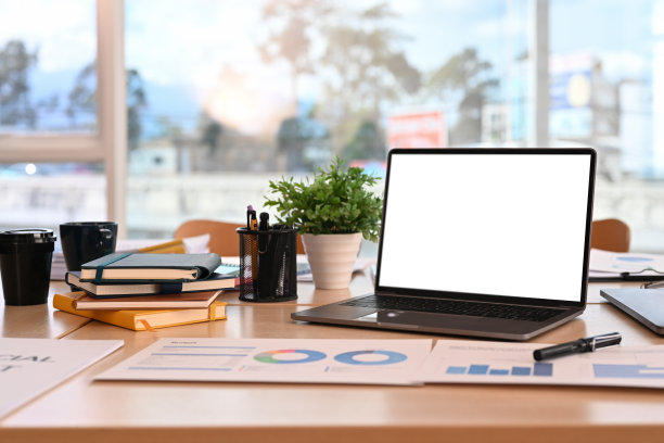 笔记本电脑，白色空屏幕，财务文件，咖啡杯和盆栽在木制办公桌上。图片下载