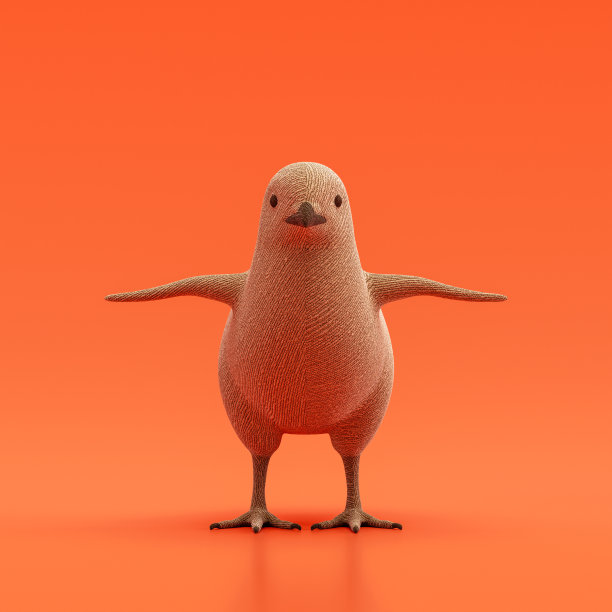 小鸡娃娃，毛绒动物制成的织物单动物从前视图，棕色单色动物在一个橙色的工作室，3d渲染图片下载