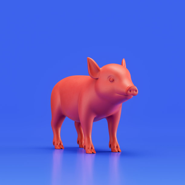 小猪单色单色红色塑料动物玩具，单色动物从角度看，动物，3d渲染图片下载