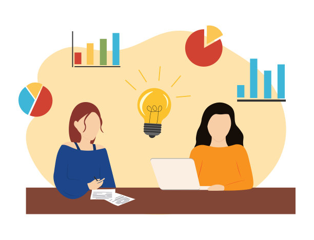 女性学习统计学，并提出新的想法。公司员工讨论业务战略图片下载