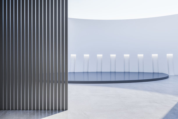 当代宽敞的画廊内部与反射和细节。展厅和设计概念。3 d渲染。图片下载