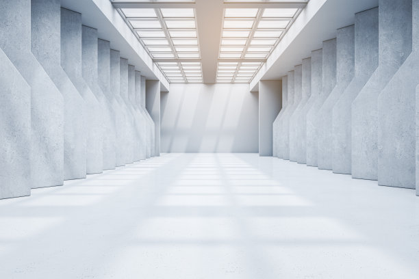 现代混凝土画廊内部与阳光和阴影。3 d渲染。图片下载