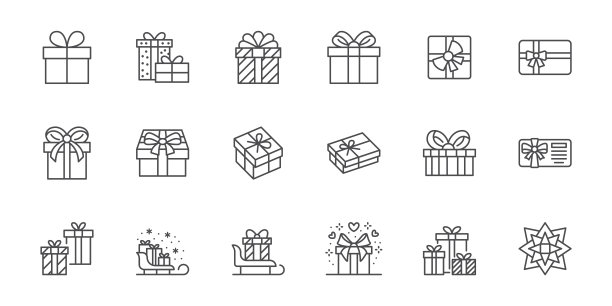 礼品线图标设置。圣诞礼物包装盒包装，折扣卡证书最小矢量插图。新年礼品盒的简单轮廓标志。可编辑的中风图片下载