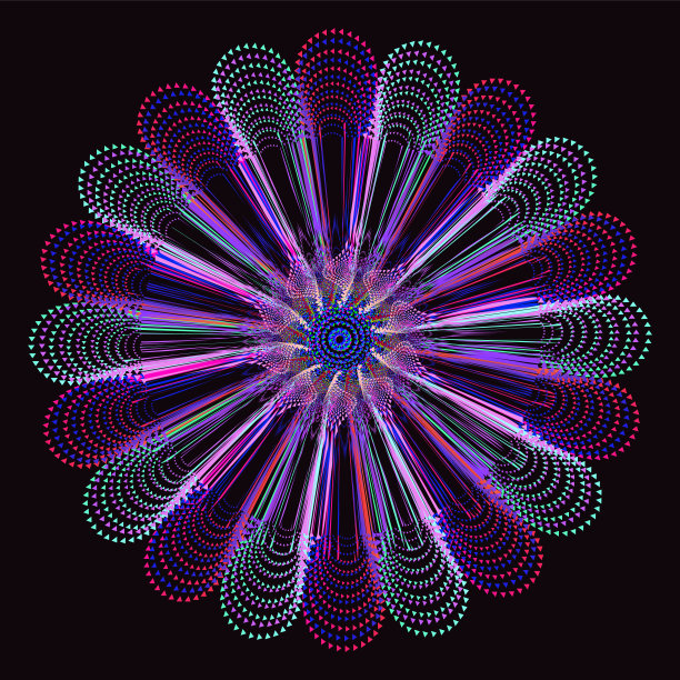 抽象圆形霓虹彩色故障艺术分形图案在黑色背景。奢华的背景。几何迷离的墙纸。数字屏幕。封面设计。庆祝卡。曼荼罗。圣诞装饰品图片下载