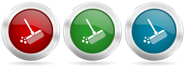 扫帚矢量图标设置。红色，蓝色和绿色银色金属网按钮与铬镶边图片下载