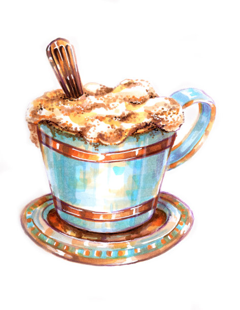 咖啡饮料与勺子在蓝色的杯子图片下载