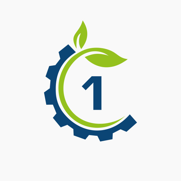 字母1齿轮叶片标志设计矢量模板。叶片和齿轮符号图片下载