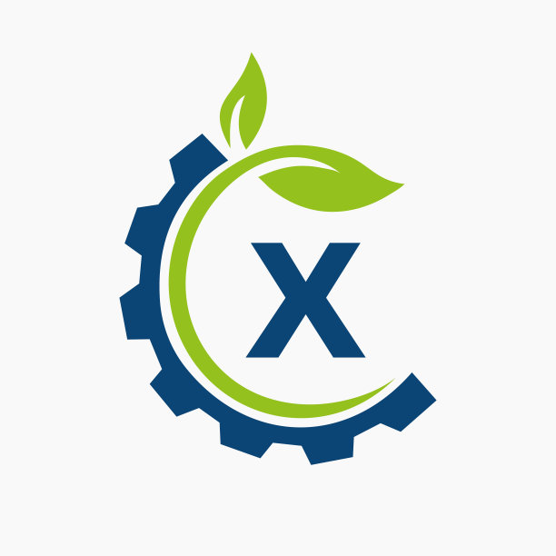 字母X齿轮叶片标志设计矢量模板。叶片和齿轮符号图片下载